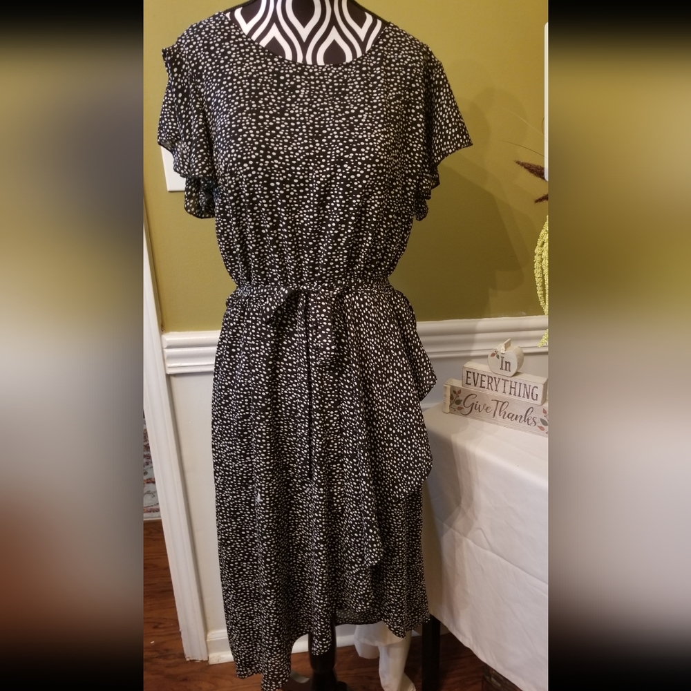 Woman's Signature Collection Black and White Polka Dot Asymmetric Wrap Tie Dress